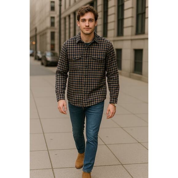 American Eagle Check Plaid Flannel Shirt Mens Large Navy Blue Gorpcore Grunge - Picture 1 of 13